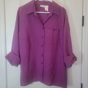 VTG Women 20W pink gray Button Up Top checked pocket 2 sleeve length By KORET